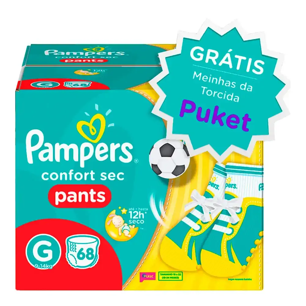 Fralda Descartável Infantil Pants Pampers Confort Sec G Caixa 68 Unidades Grátis Meinhas Da Torcida