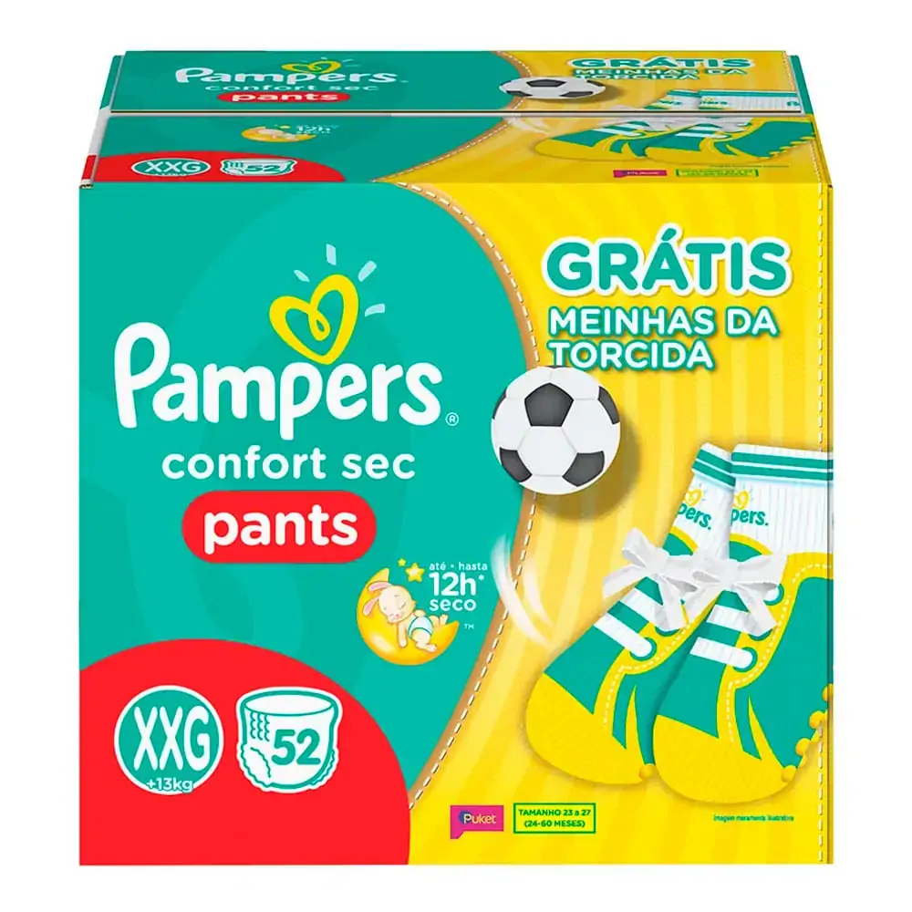 Fralda Descartável Infantil Pants Pampers Confort Sec Xxg Caixa 52 Unidades Grátis Meinhas Da Torcid