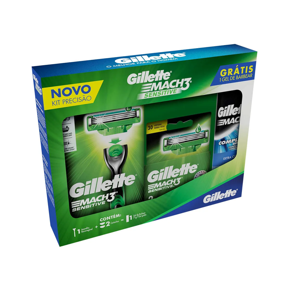 Kit Aparelho De Barbear Recarregável 2 Cartuchos Mach3 Sensitive Grátis Gel De Barbear Mach3 71g Gil