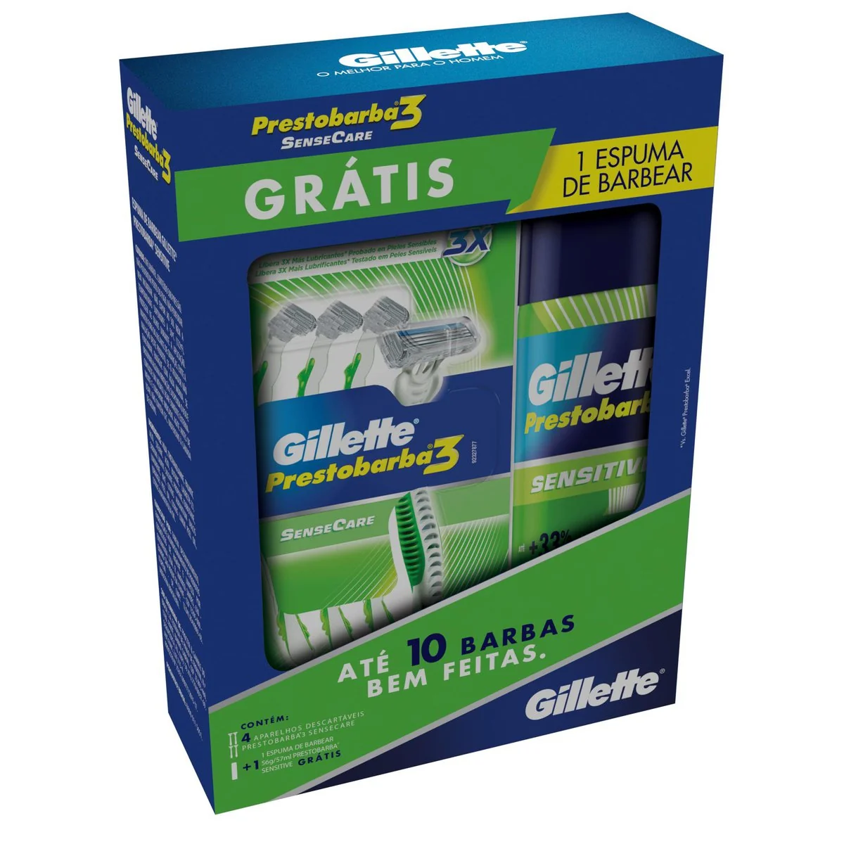 Kit Aparelho de Barbear Gillette Prestobarba3 Sensecare com 4 Unidades Grátis Mini Espuma