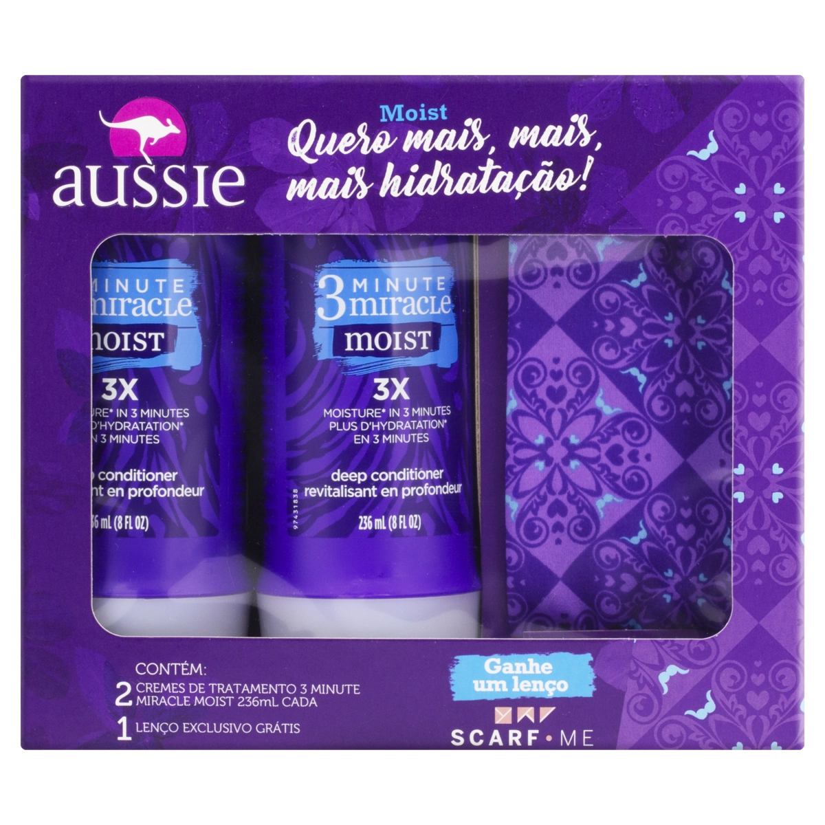 Kit 2 Cremes De Tratamento Aussie 3 Minute Miracle Moist 236ml Cada Grátis Lenço Scarf Me