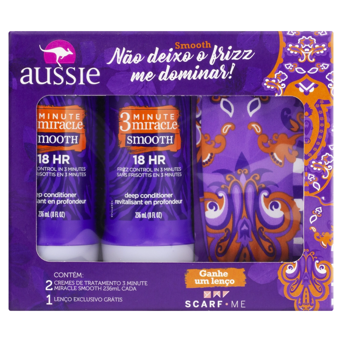 Kit 2 Cremes De Tratamento Aussie 3 Minute Miracle Smooth 236ml Cada Grátis Lenço Scarf Me