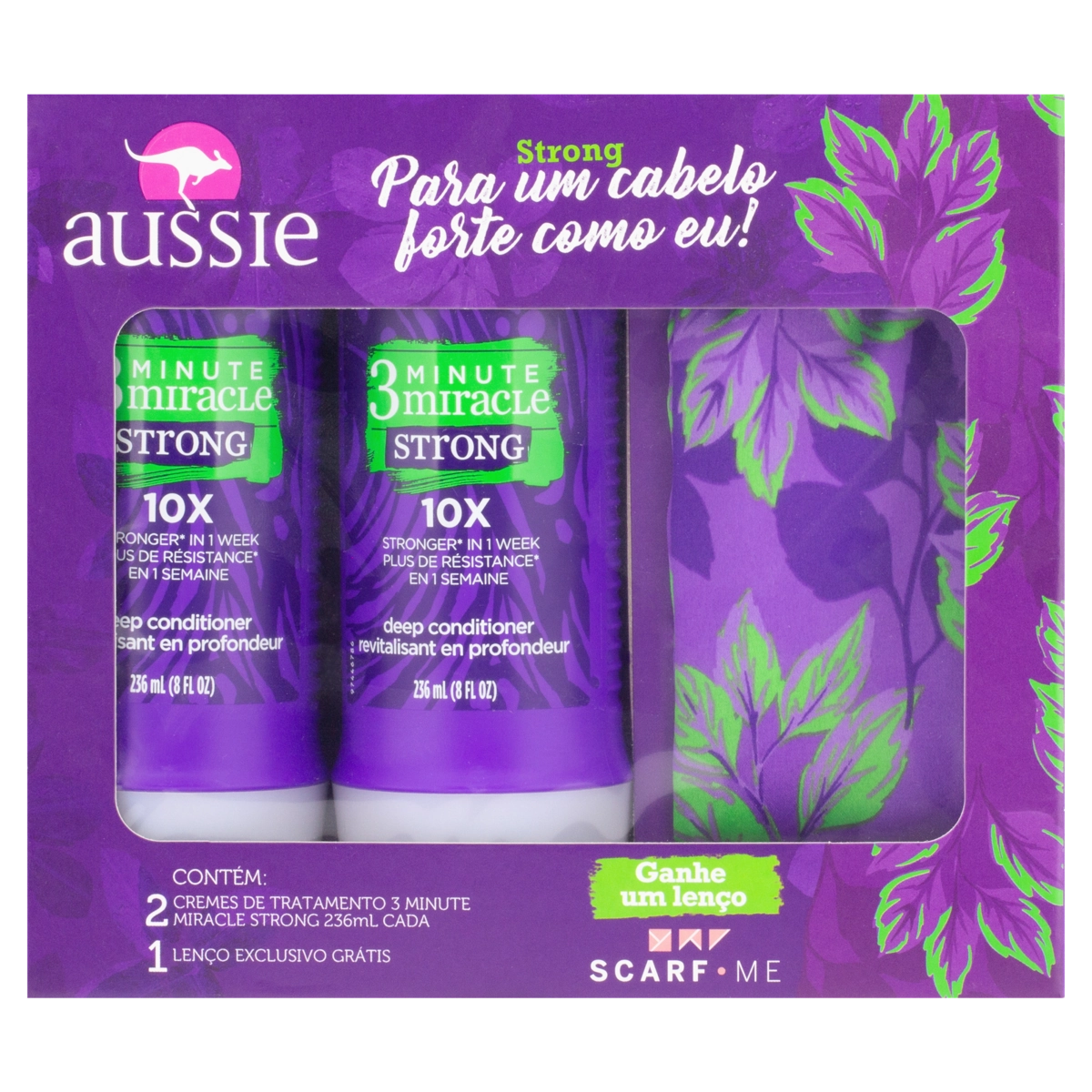 Kit 2 Cremes De Tratamento Aussie 3 Minute Miracle Strong 236ml Cada Grátis Lenço Scarf Me