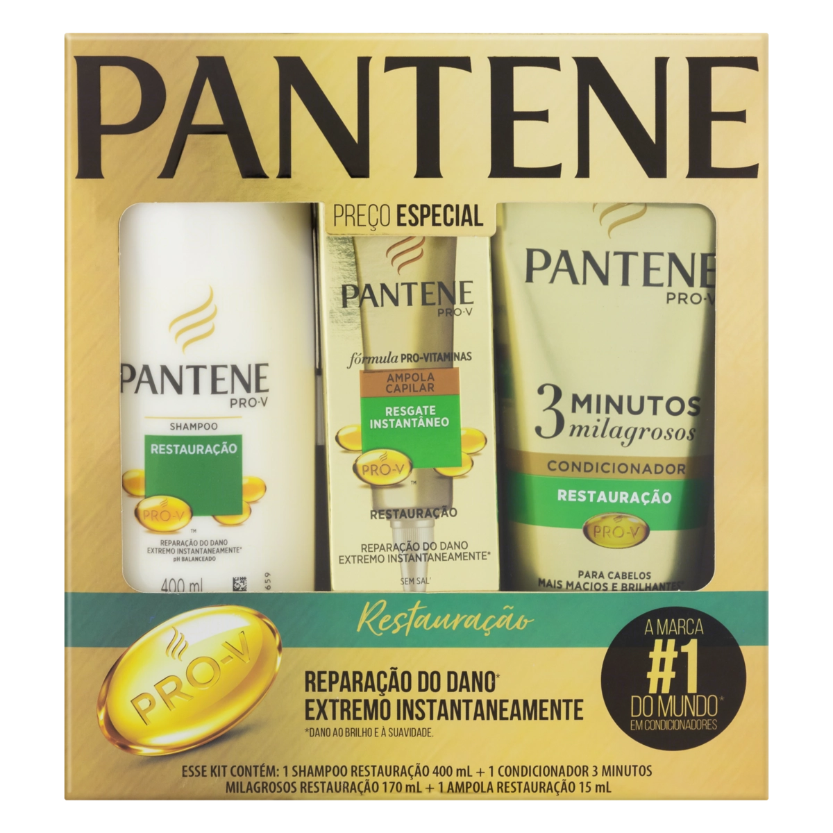 Kit Shampoo 400ml Condicionador 170ml Ampola De Tratamento 15ml Pantene Restauração