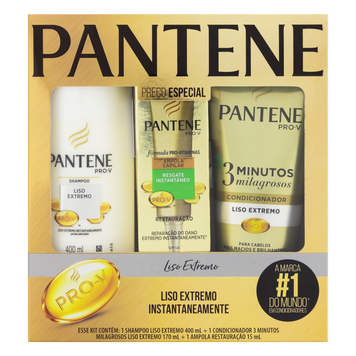 Kit Shampoo 400ml Condicionador 170ml Ampola De Tratamento 15ml Pantene Liso Extremo