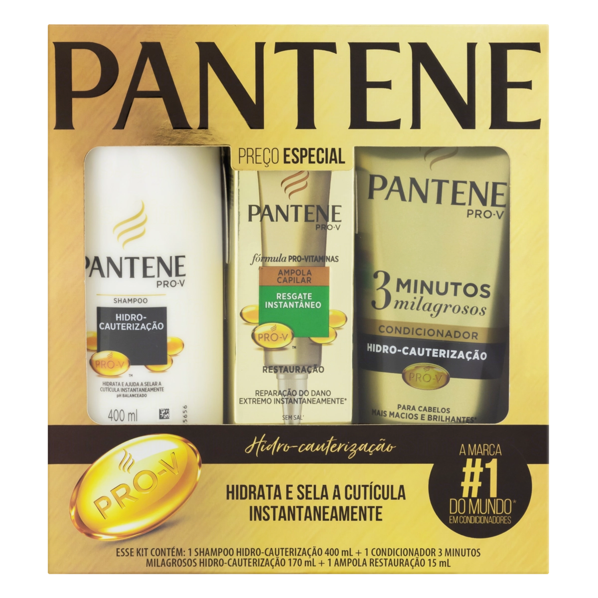 Kit Shampoo 400ml Condicionador 170ml Ampola De Tratamento 15ml Pantene Hidro Cauterização
