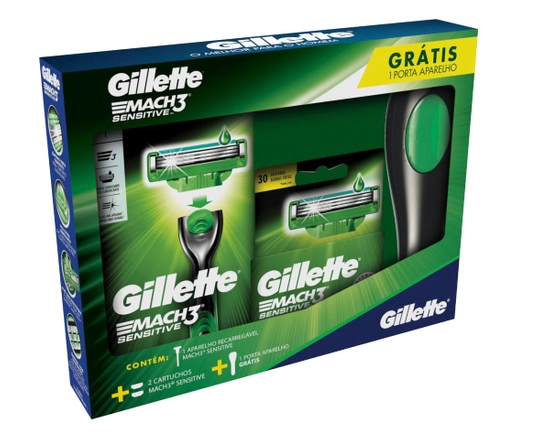 Kit 1 Aparelho Recarregável 2 Cargas Para Barbear Gillette Mach3 Sensitive Grátis 1 Porta Aparelho