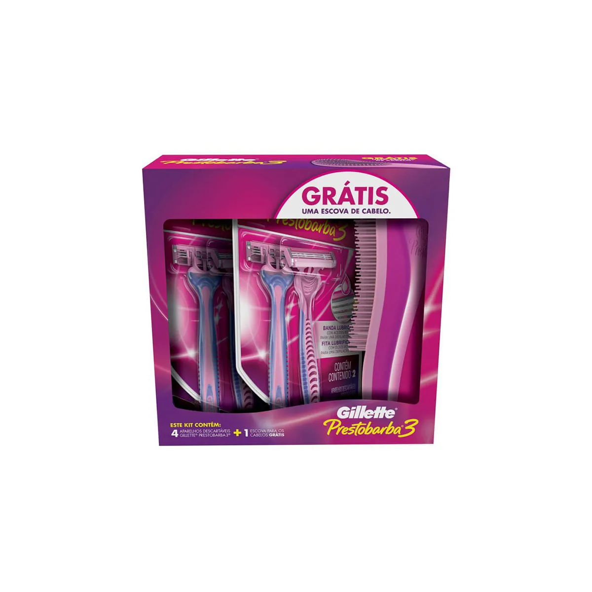 Kit 4 Aparelhos Descartáveis Para Depilar Gillette Prestobarba3 Grátis 1 Escova De Cabelo