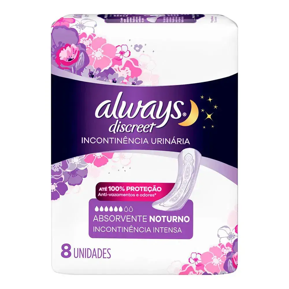 Absorvente sem Abas para Incontinência Urinária Noturno Always Discreet Pacote 8 Unidades