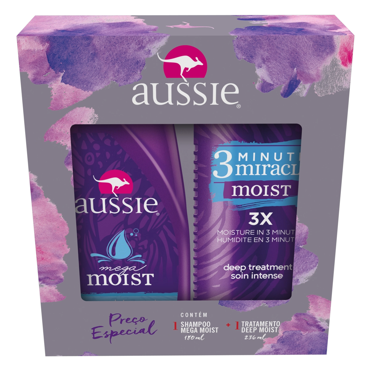 Kit Shampoo Mega Moist 180ml Creme De Tratamento Aussie 3 Minute Miracle Moist 236ml