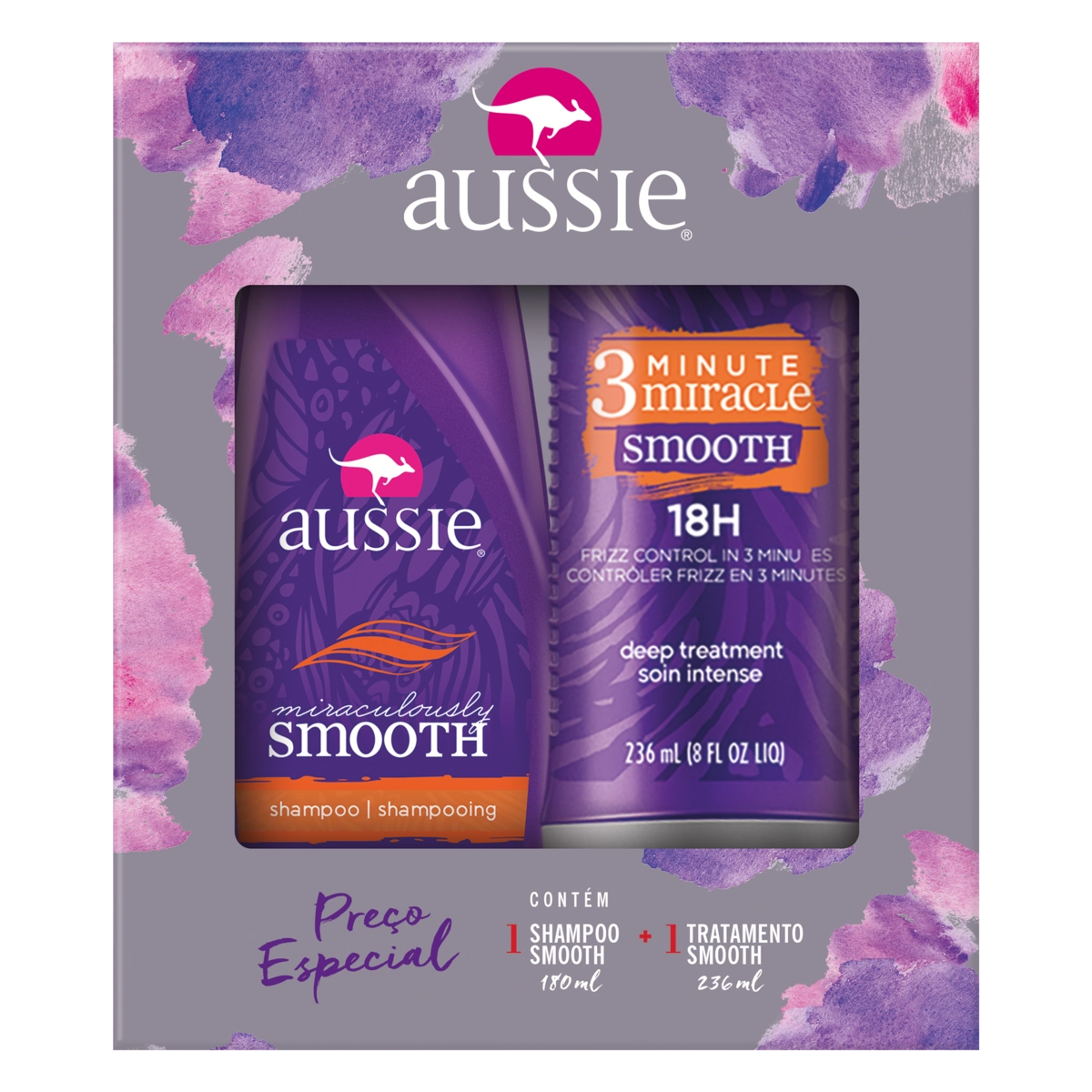 Kit Shampoo Miraculously Smooth 180ml Creme De Tratamento 3 Minute Miracle Smooth 236ml Aussie