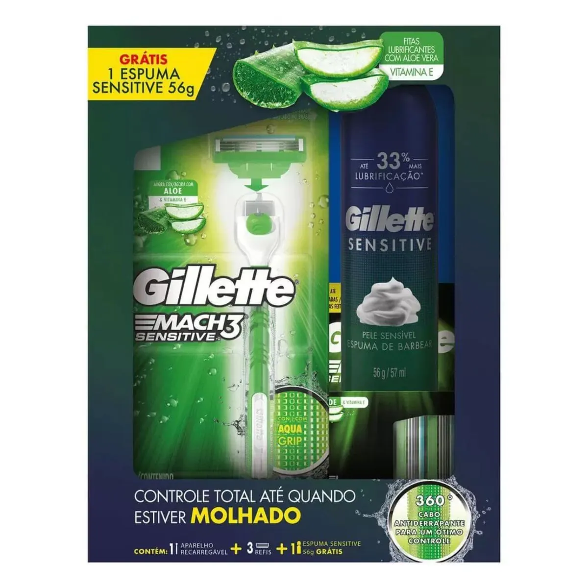 Kit Aparelho de Barbear Gillette Mach3 Acqua-Grip Sensitive + 2 Cargas + Gel de Barbear Gillette Mach3 Complete Defense 72 ml