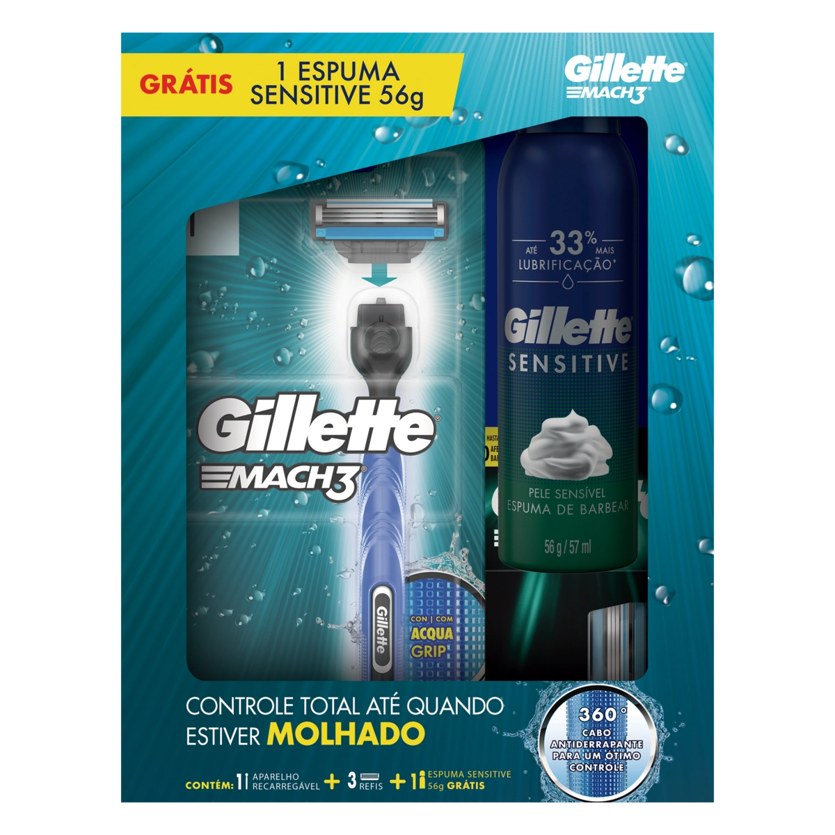 Kit Aparelho de Barbear Gillette Mach3 Acqua-Grip + 2 Cargas + Gel de Barbear Gillette Mach3 Complete Defense 72 ml