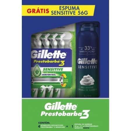 Kit 4 Aparelhos Descartáveis Para Barbear Gillette Prestobarba3 Sensitive Grátis 1 Espuma De Barbear