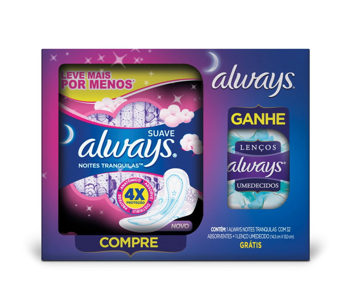 Kit Absorvente Com Abas Suave Always Noites Tranquilas 32 Unidades Leve Mais Pague Menos Grátis Lenç