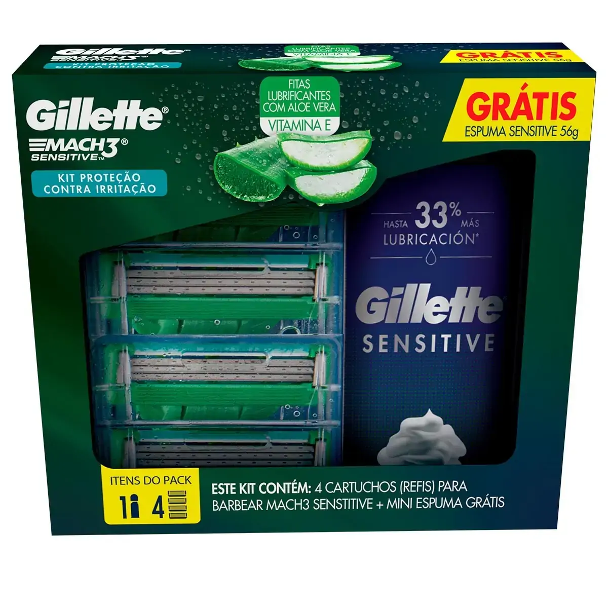 Kit 4 Cargas De Aparelho Para Barbear Gillette Mach3 Sensitive Grátis 1 Mini Espuma 56g