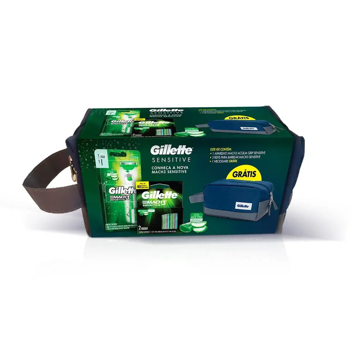 Kit 1 Aparelho Recarregável 3 Cargas Para Barbear Gillette Mach3 Sensitive Grátis 1 Necessaire