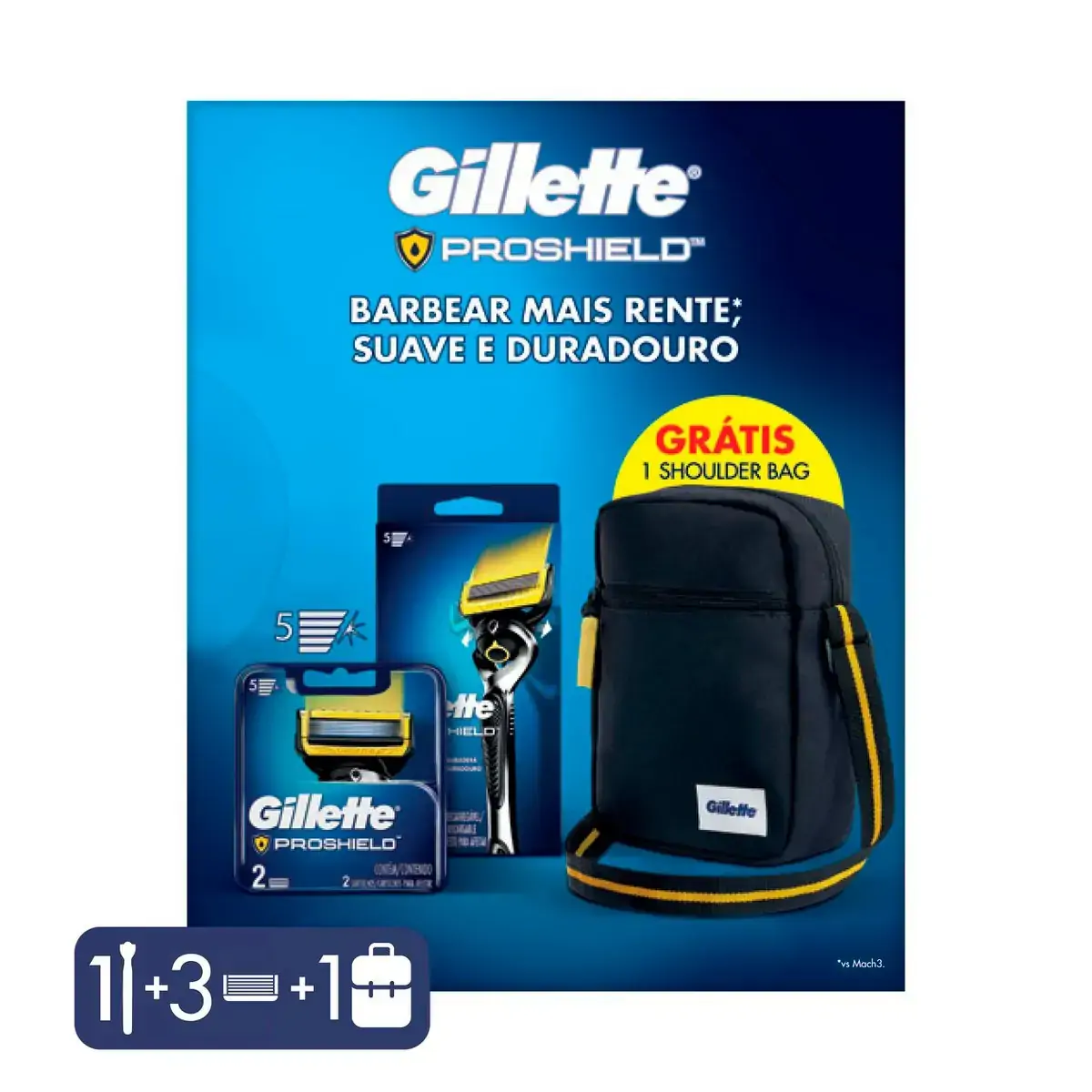 Kit 1 Aparelho Recarregável 2 Cargas Para Barbear Gillette Proshield Grátis 1 Necessaire