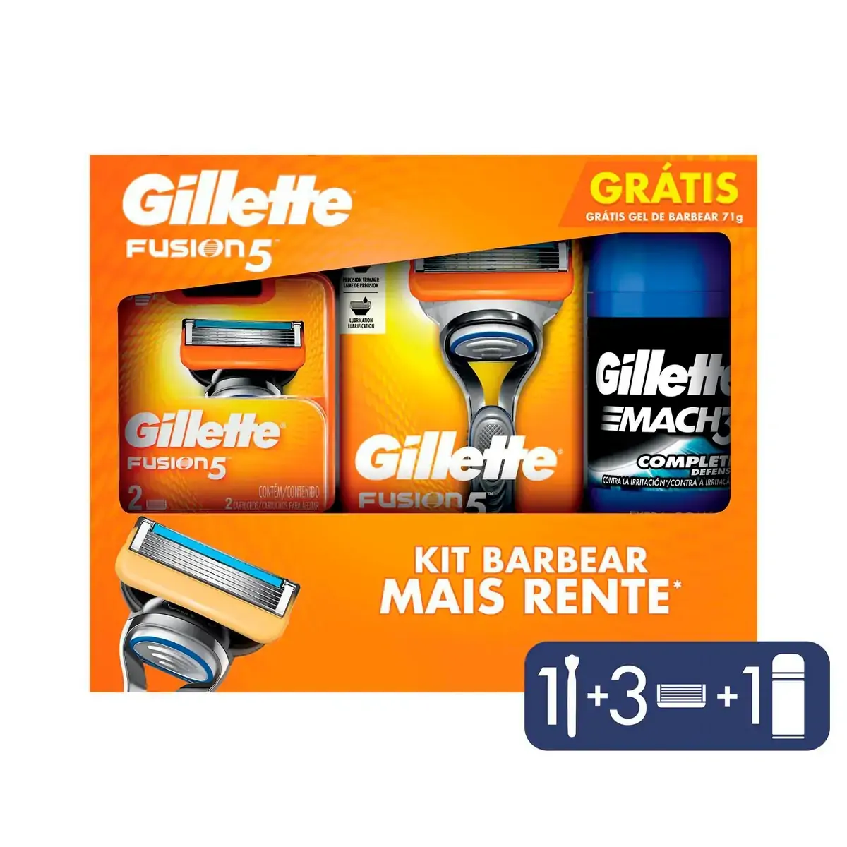 Kit 1 Aparelho Recarregável 3 Cargas Para Barbear Gillette Mach3 Fusion5 Grátis 1 Mini Gel De Barbea