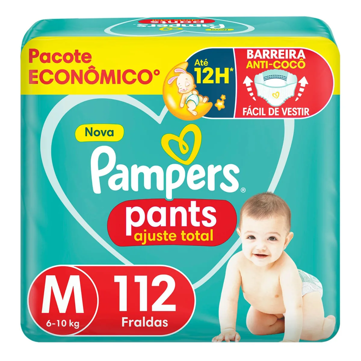 Fralda Descartável Infantil Pants Pampers Ajuste Total M Pacote Econômico 112 Unidades