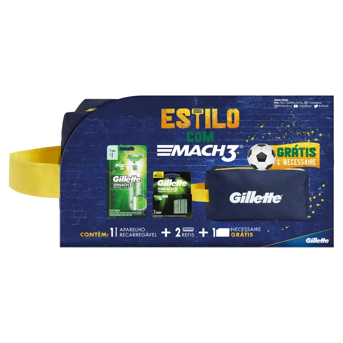 Kit 1 Aparelho Recarregável + 2 Cargas para Barbear Gillette Mach3 Sensitive Grátis 1 Necessaire