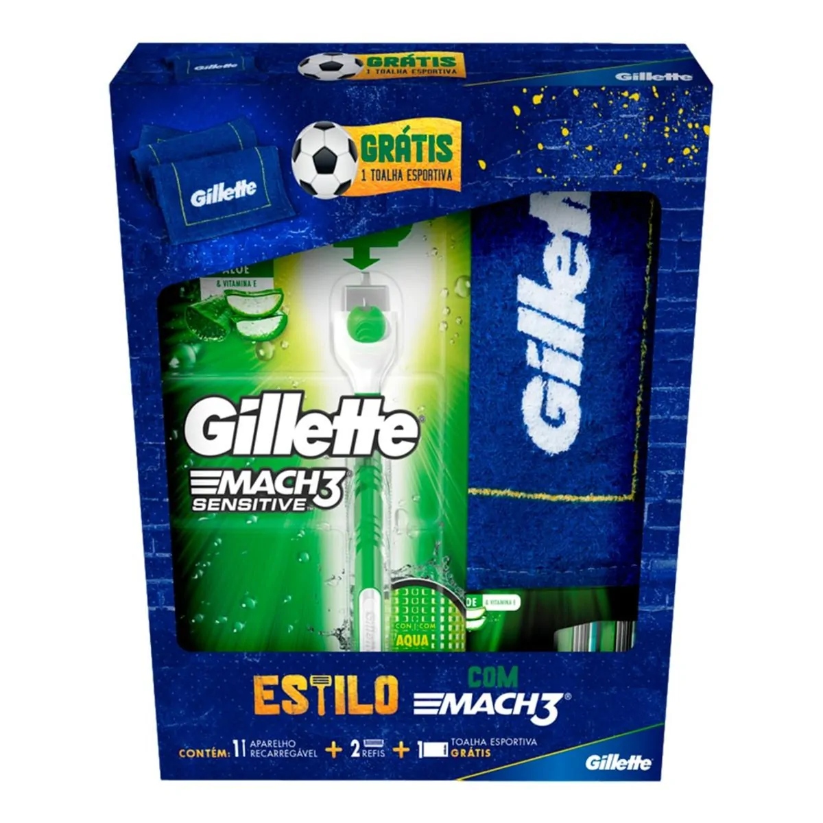 Kit 1 Aparelho Recarregável 2 Cargas Para Barbear Gillette Mach3 Sensitive Grátis 1 Toalha Esportiva