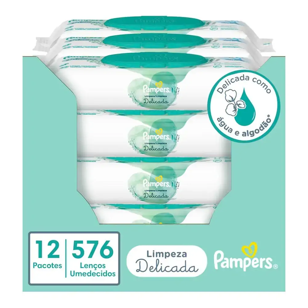 Pack Lenço Umedecido Infantil Pampers Limpeza Delicada Pacote 12 Unidades