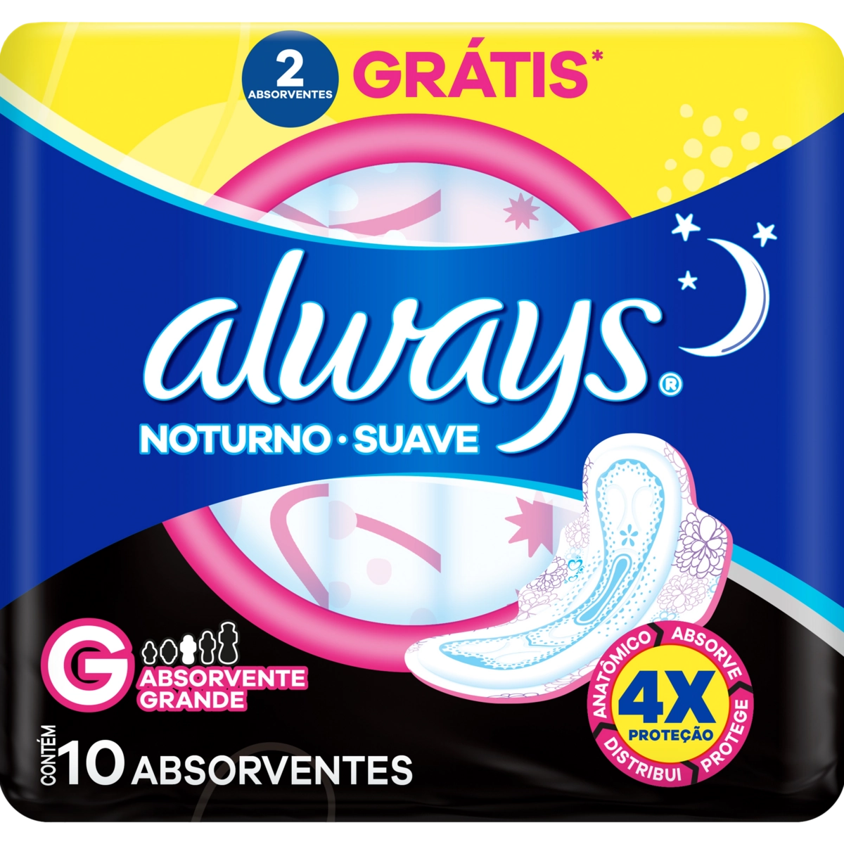 Absorvente Com Abas Suave Always Noturno G Pacote 10 Unidades Grátis 2 Absorventes