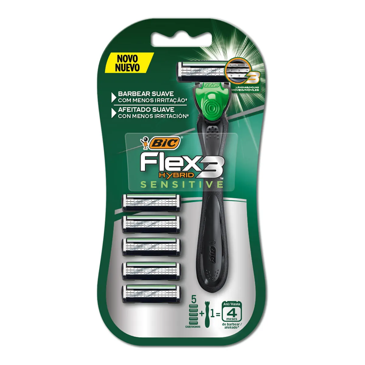 Kit 1 Aparelho Recarregável 5 Cargas Para Barbear Bic Flex 3 Hybrid Sensitive