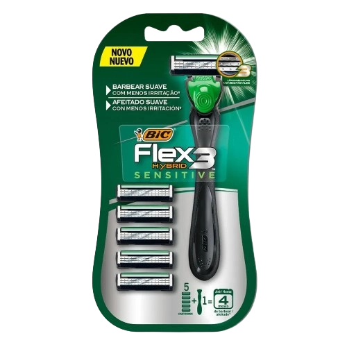 Kit 1 Aparelho Recarregável 5 Cargas Para Barbear Bic Flex 3 Hybrid Sensitive