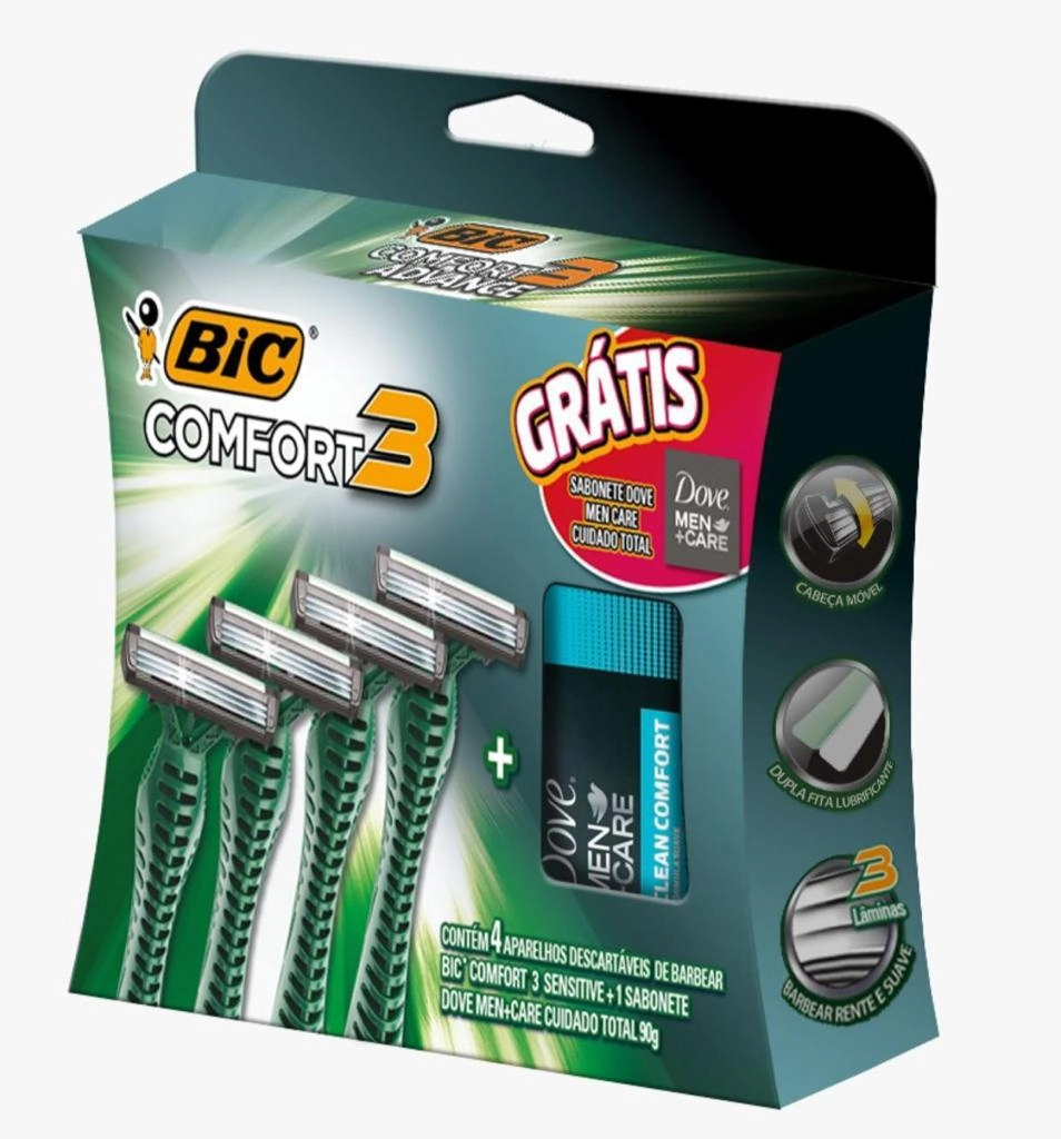 Kit 4 Aparelhos Descartáveis Para Barbear Bic Comfort 3 Sensitive Grátis Sabonete Dove Men Care Cuid