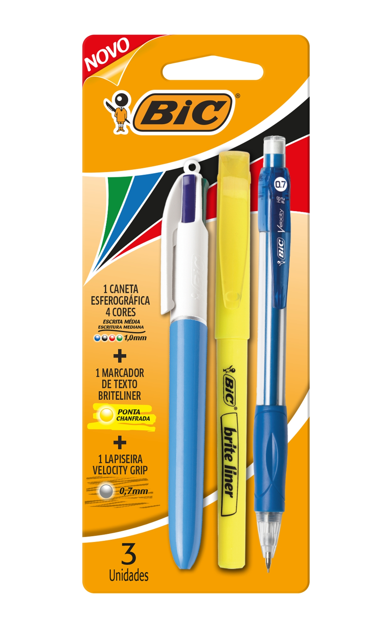 Kit Caneta Esferográfica 4 Cores Ponta Média Original Marcador De Texto Fluorescente Amarelo Chanfra
