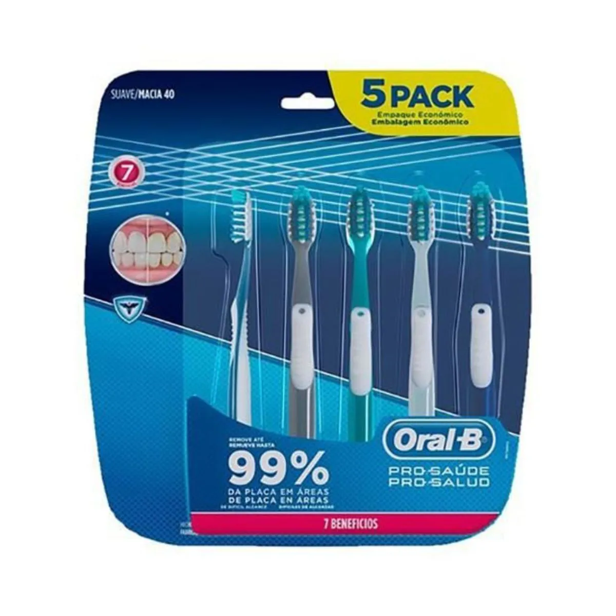 Escova Dental Macia Oral B Pro Saúde 7 Benefícios 5 Unidades Embalagem Econômica