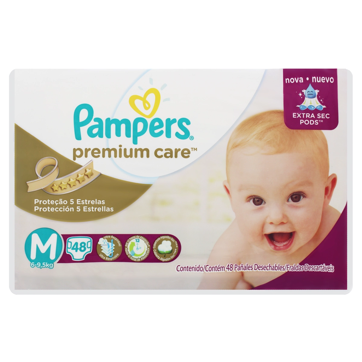 Fralda Descartável Infantil Pampers Premium Care M Pacote 48 Unidades