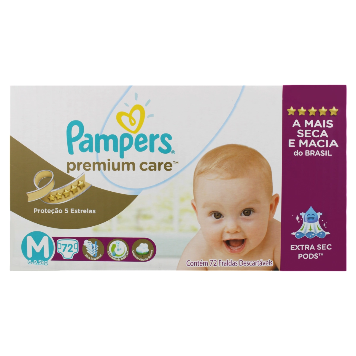 Fralda Descartável Infantil Pampers Premium Care M Caixa 72 Unidades