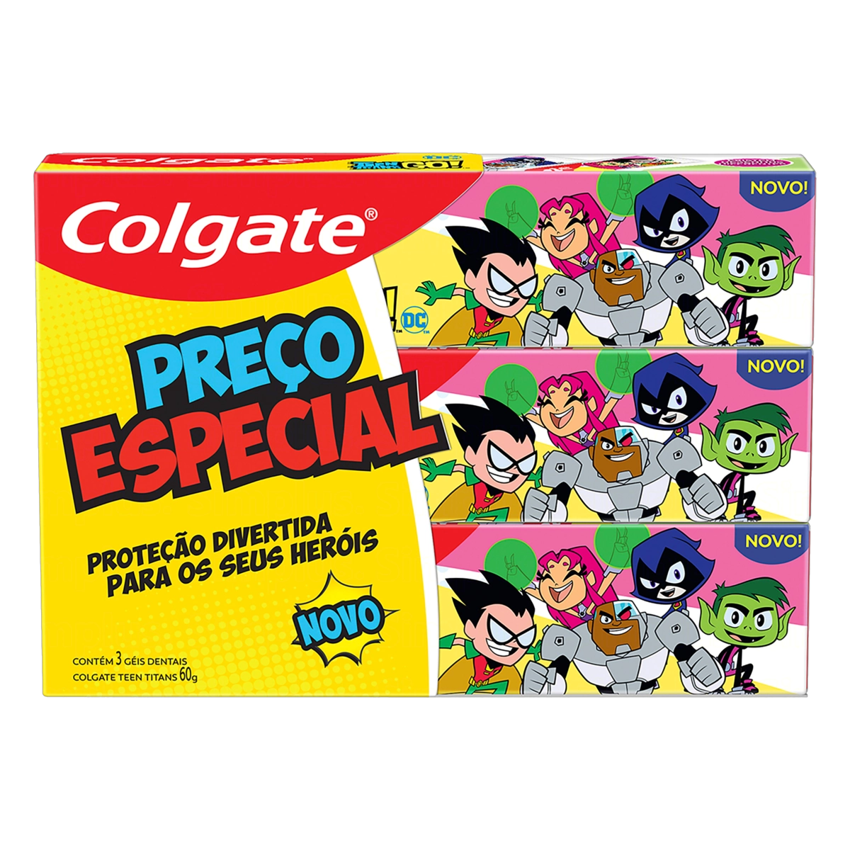 Pack Gel Dental Infantil Morango Teen Titans Go Colgate Caixa 3 Unidades 60g Cada