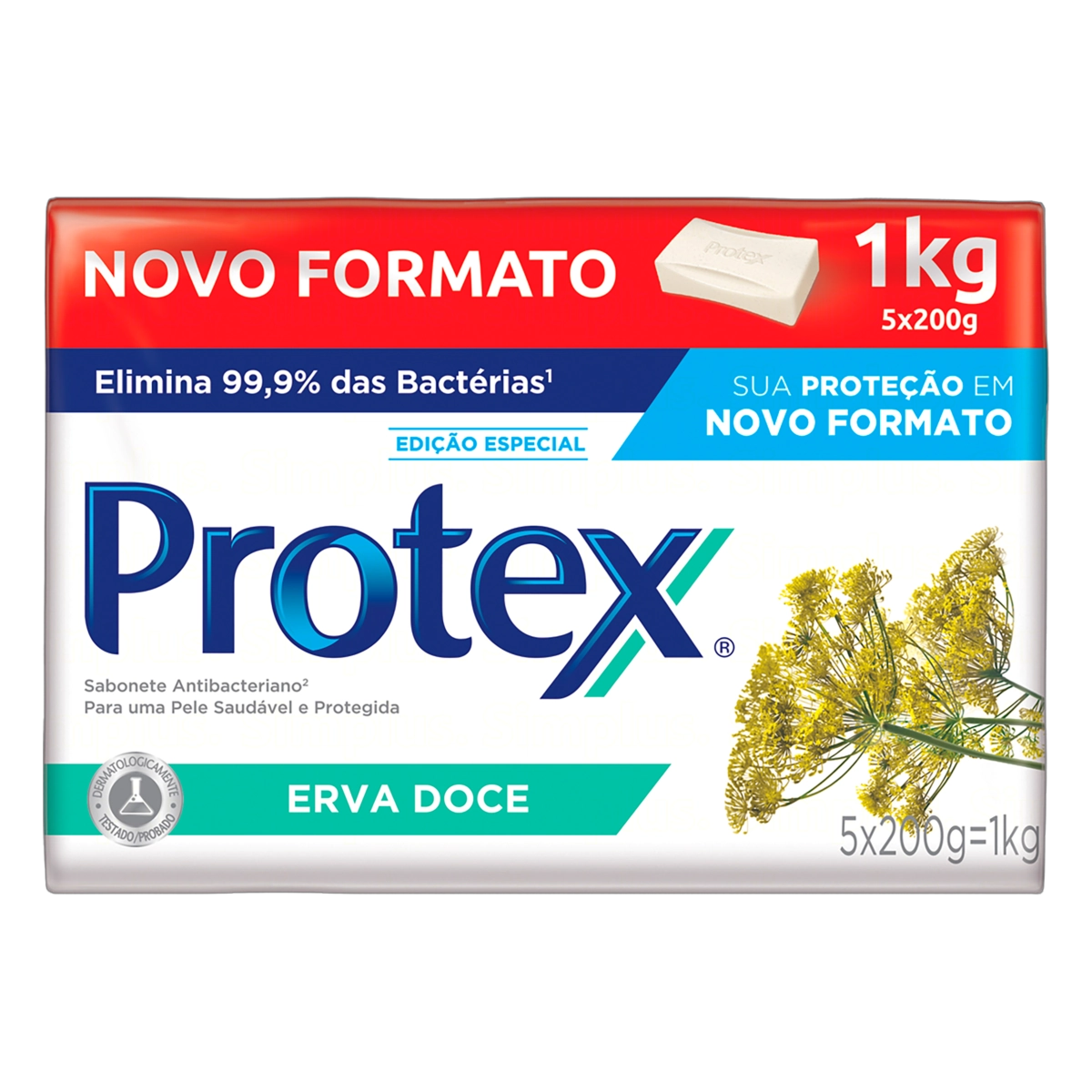 Pack Sabonete Barra Antibacteriano Erva Doce Protex Envoltório 1kg 5 Unidades