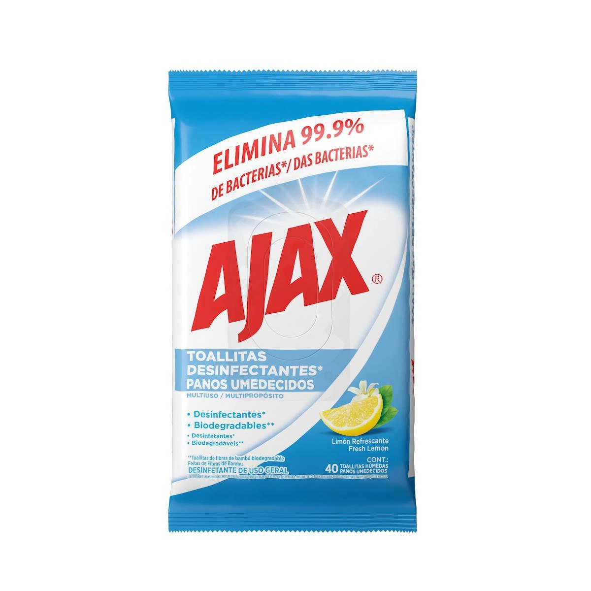 Pano Umedecido Desinfetante Fresh Lemon Ajax Pacote 40 Unidades