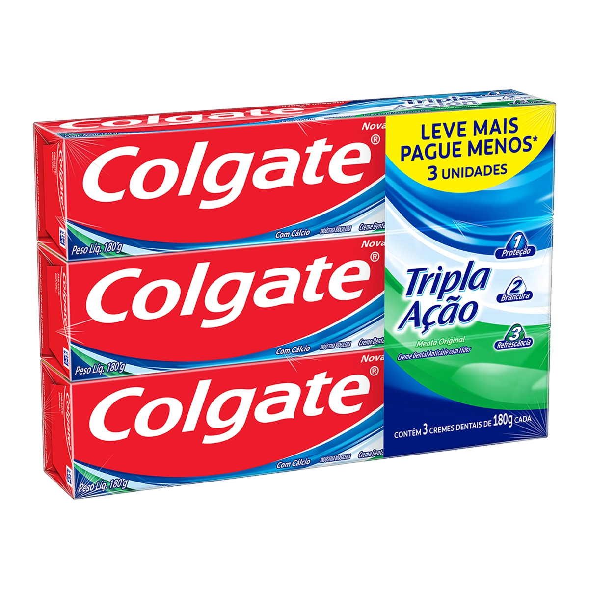 Pack Creme Dental Menta Original Colgate Tripla Ação Caixa 3 Unidades 180g Cada Leve Mais Pague Meno