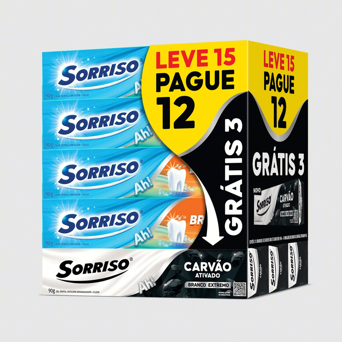 Kit 12 Cremes Dentais Sorriso Dentes Brancos 90g Cada Grátis 3 Sorriso Carvão Ativado 60g Cada Leve