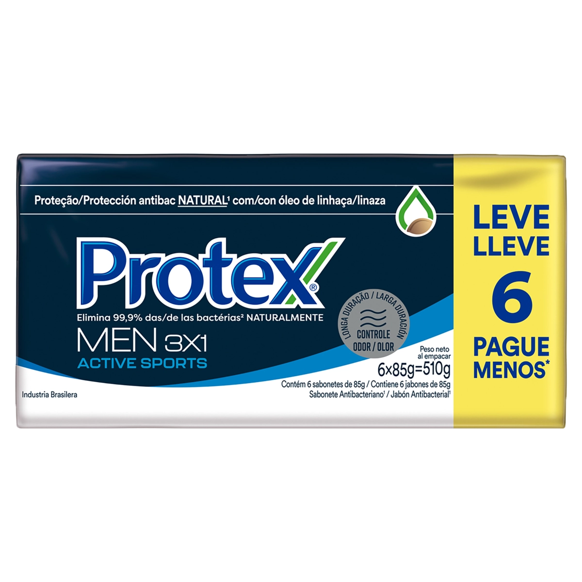 Pack Sabonete Barra Antibacteriano 3 Em 1 Protex Men Active Sports Envoltório 510g 6 Unidades Leve M