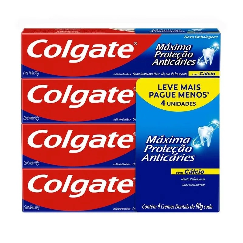 Pack Creme Dental Menta Refrescante Colgate Máxima Proteção Anticáries Caixa 4 Unidades 90g Cada Lev