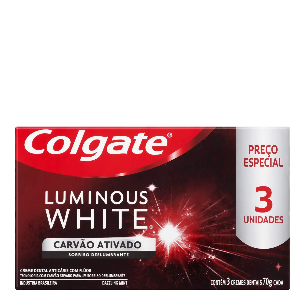 Creme Para Clareamento Dental Colgate Luminous White Carvão Ativado 3 unid 70g Promo Preço Especial