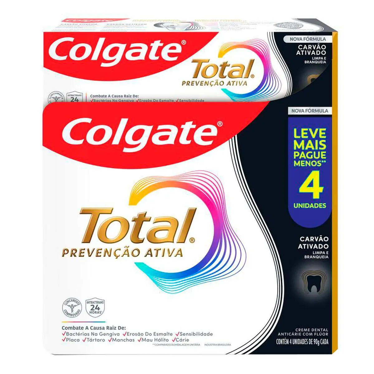 Pack Creme Dental Carvão Ativado Colgate Total Prevenção Ativa Caixa 4 Unidades 90g Cada Leve Mais P