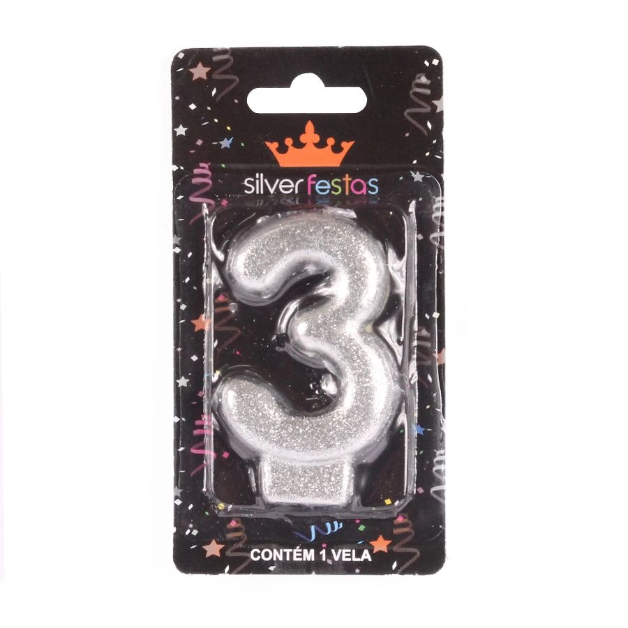 Vela Prateada Glitter Numero 3