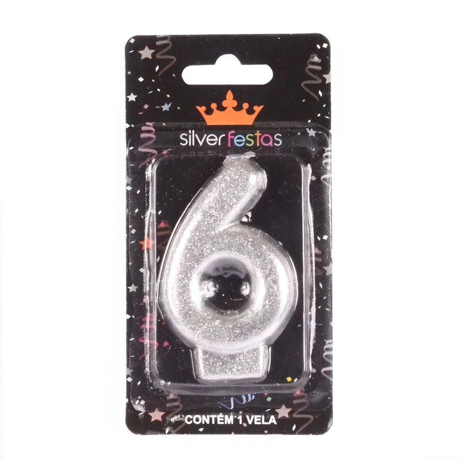 Vela Prateada Glitter Numero 6