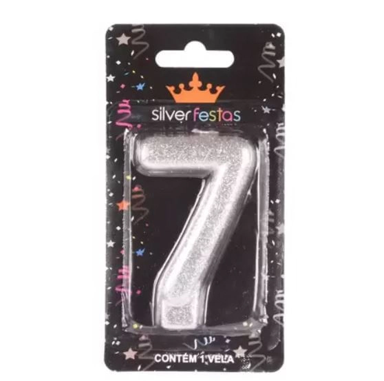 Vela Prateada Glitter Numero 7