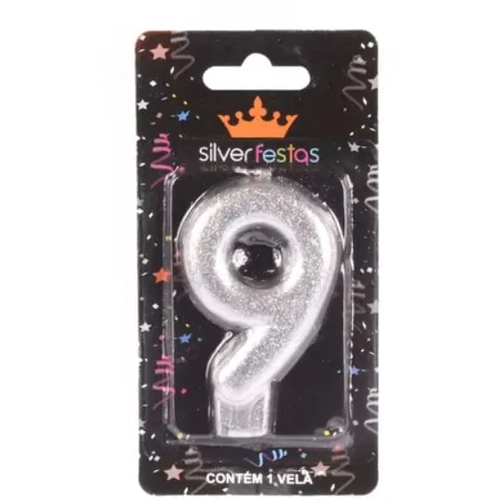 Vela Prateada Glitter Numero 9