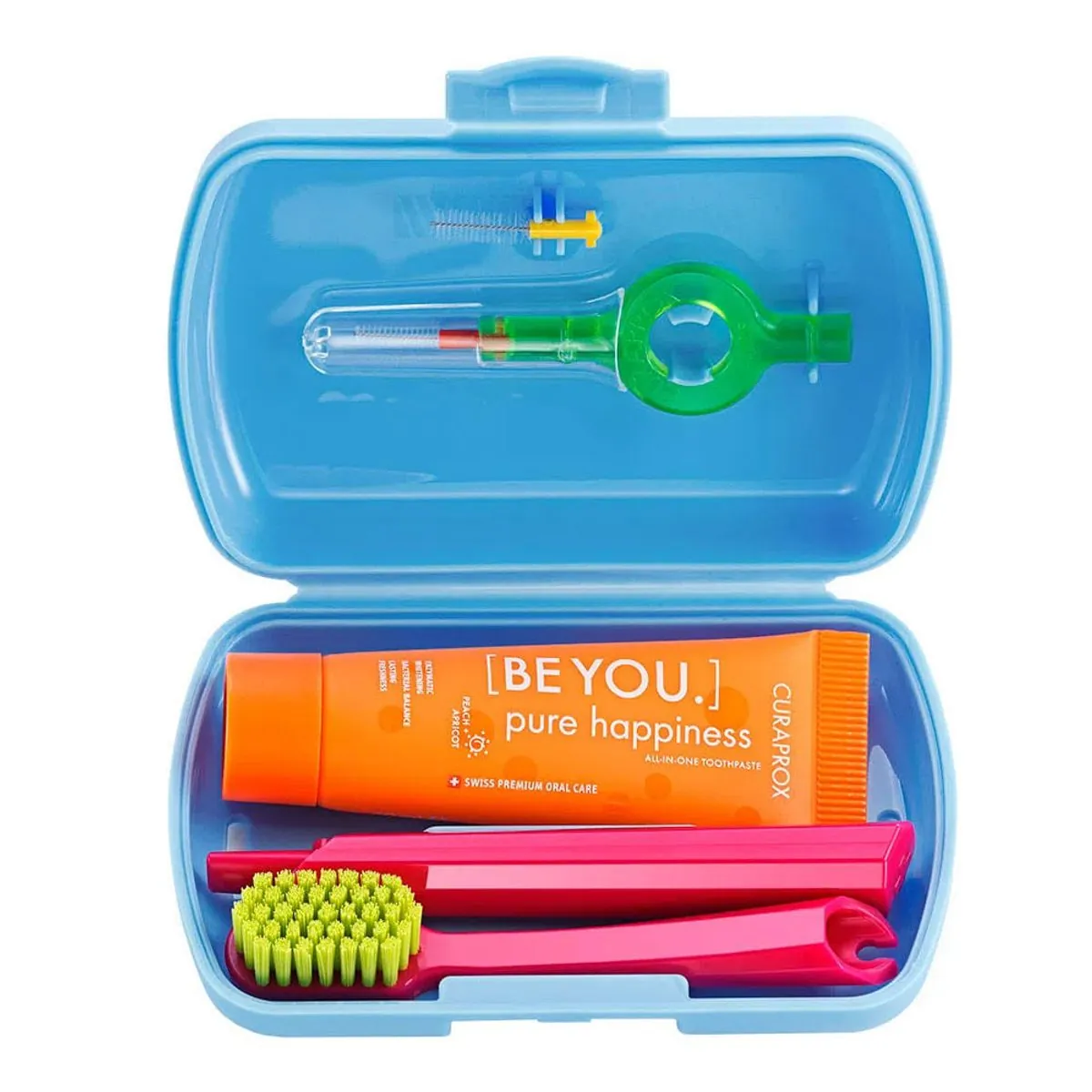 Kit Viagem Curaprox Escova Dental + Mini Creme Dental 10ml + Escova Interdental + Caixa