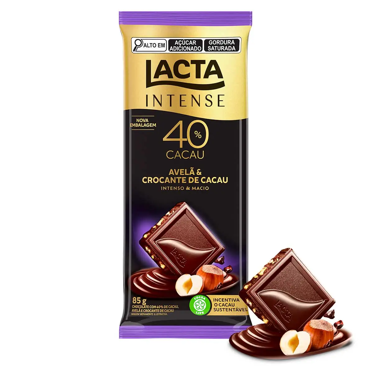 Chocolate Lacta Intense Meio Amargo 40% Cacau Avelã e Crocante de Cacau 85g